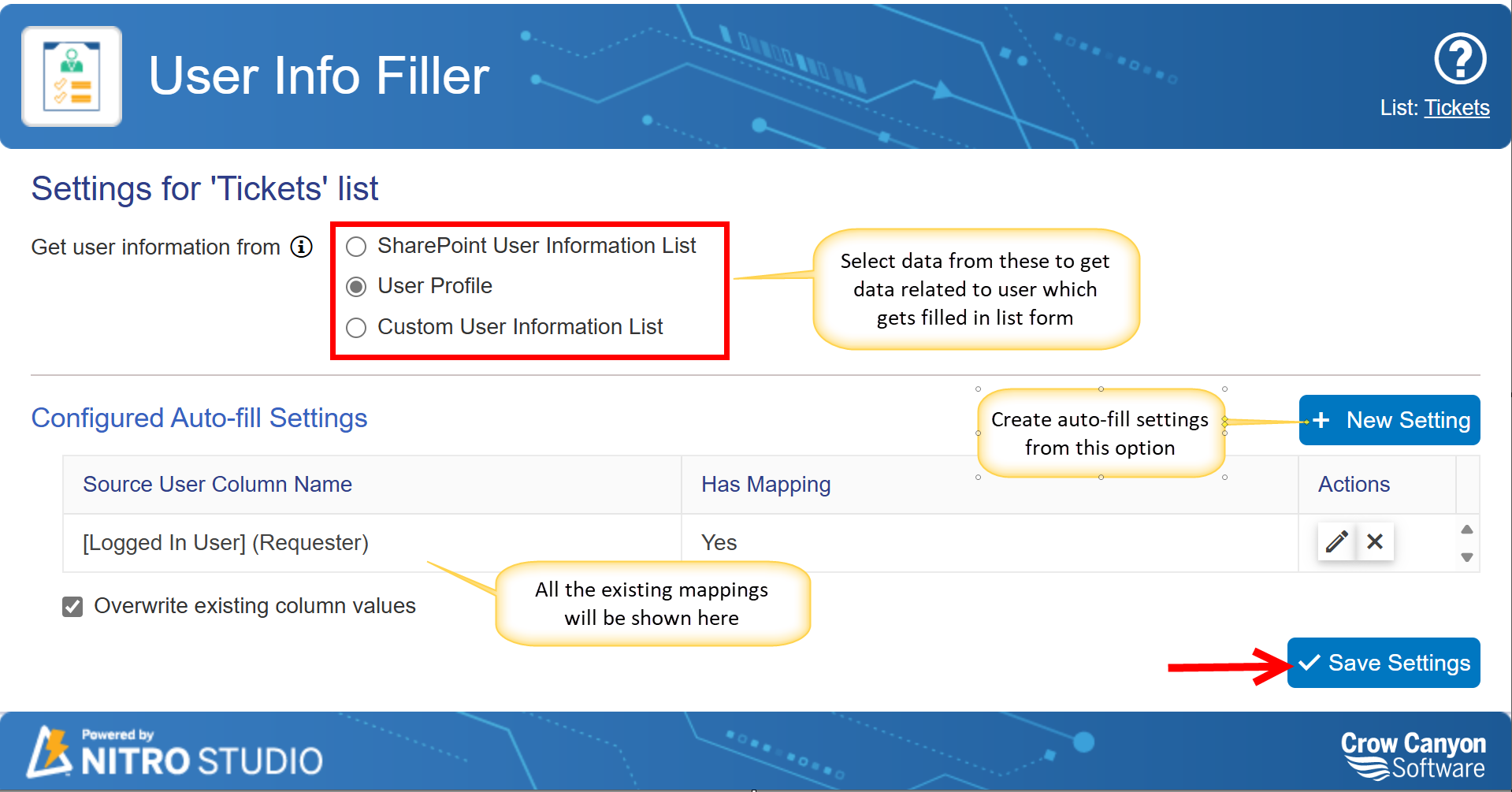 user filler info settings