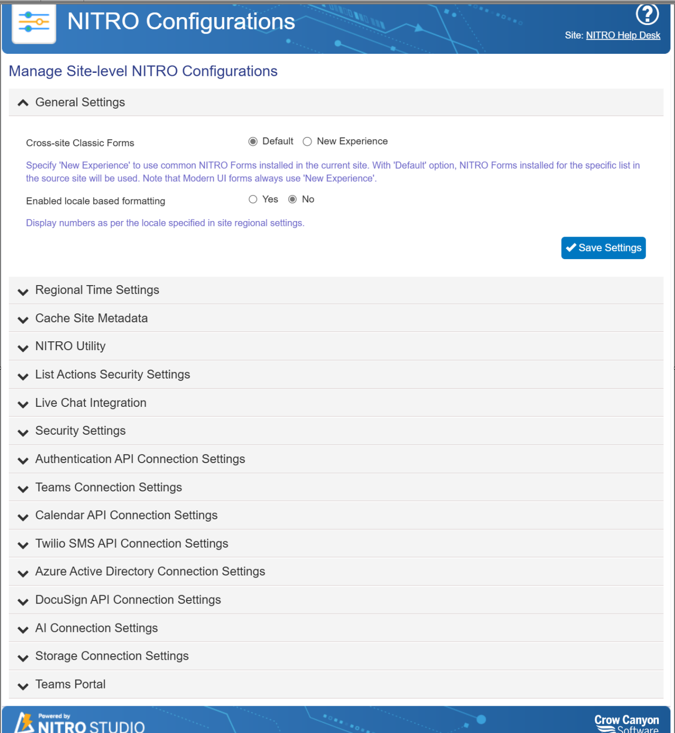 NITRO site settings page image