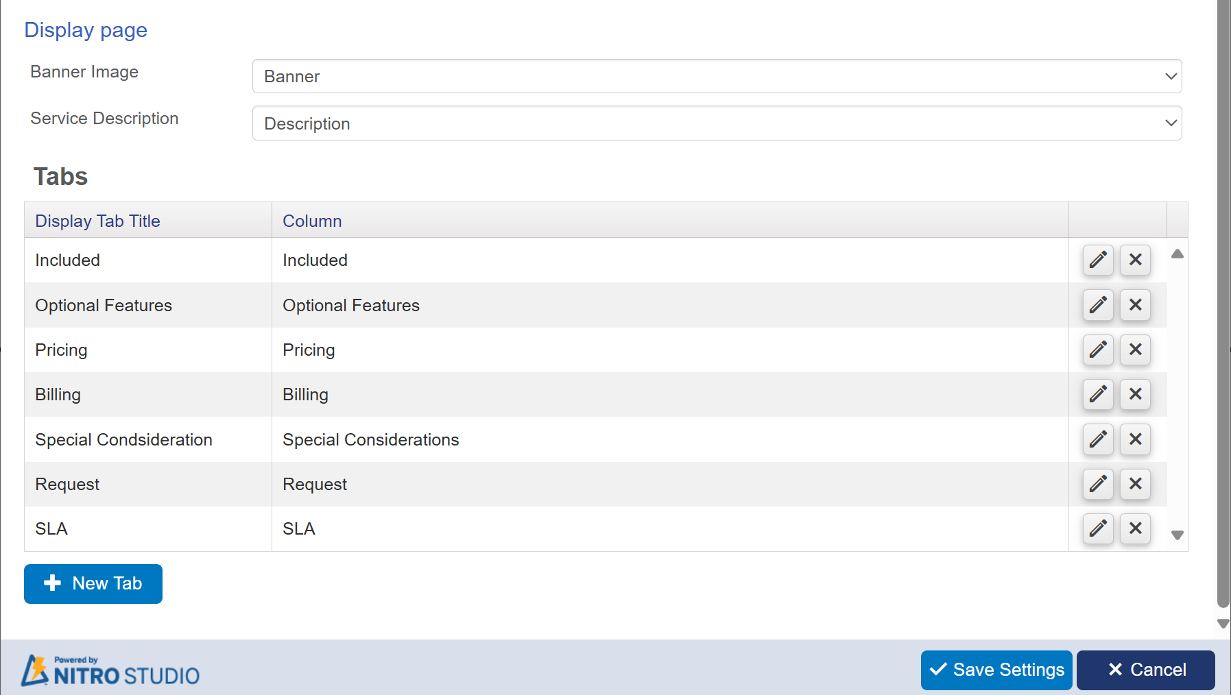 display page section in service catalog page