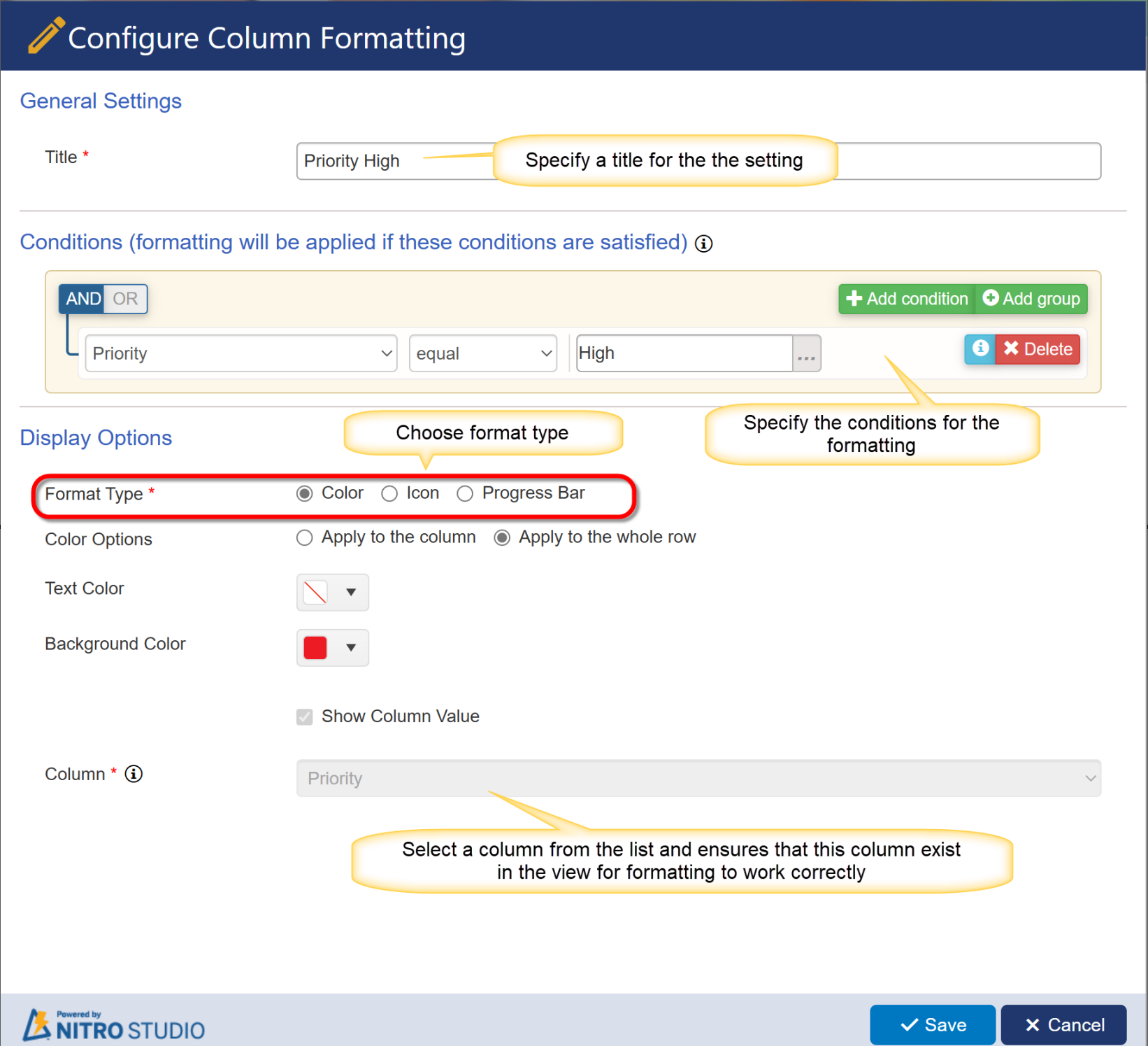 column formatting settings