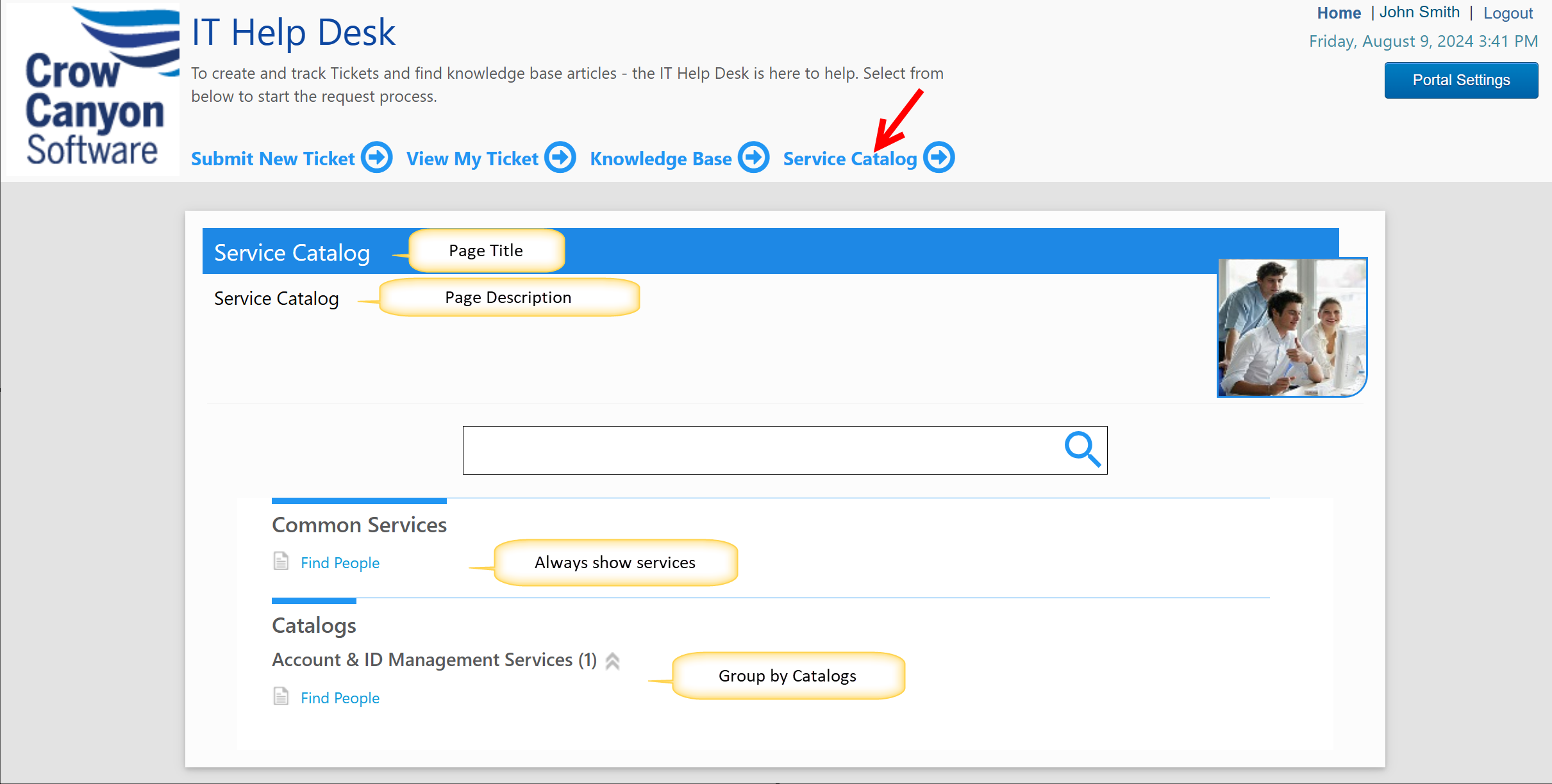 Portal page service catalog output