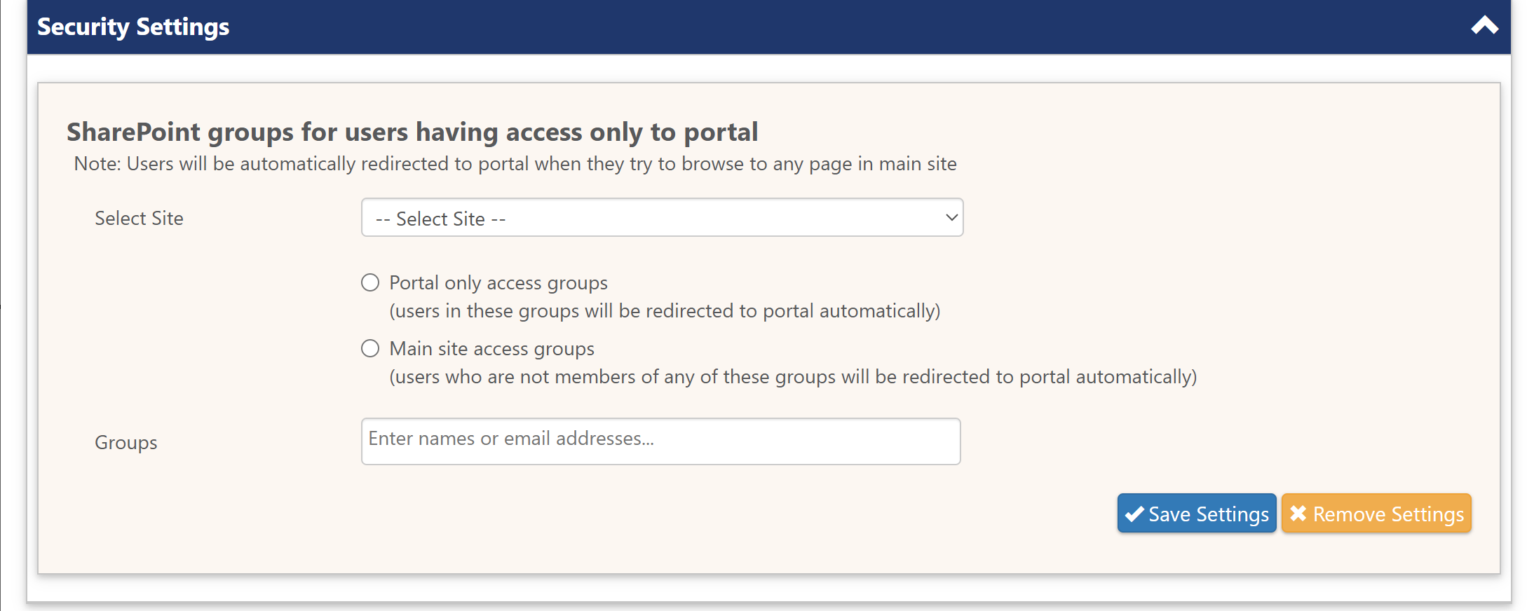 Security settings for portal