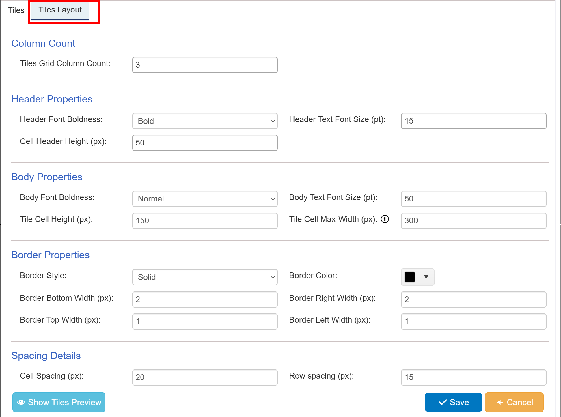 Tiles Layout in manage tiles