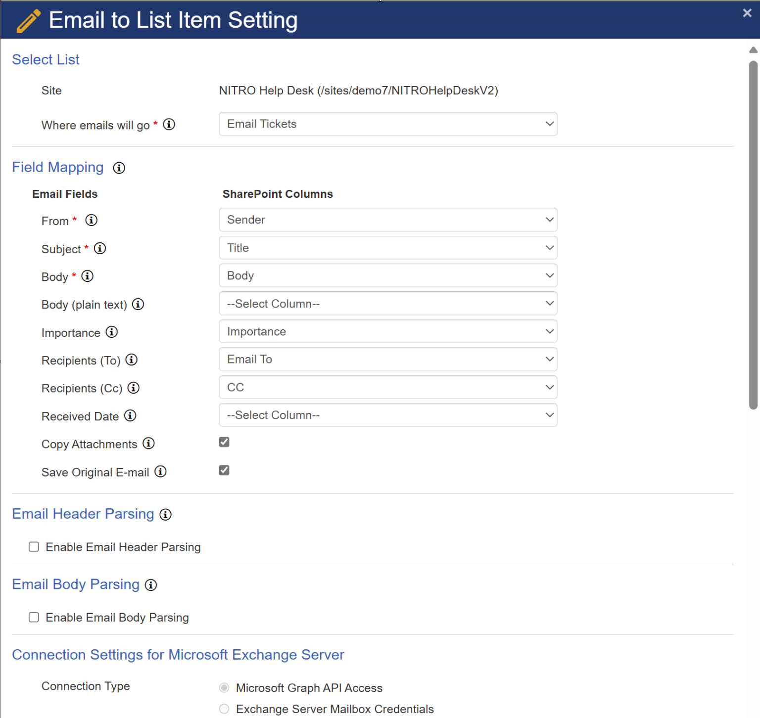 Sample email sync Settings 1