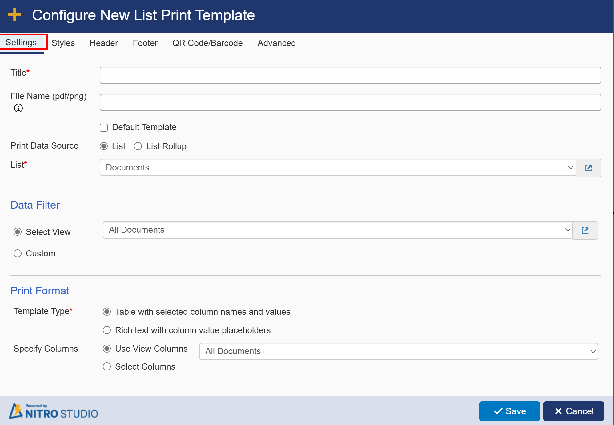 settings tab in list print