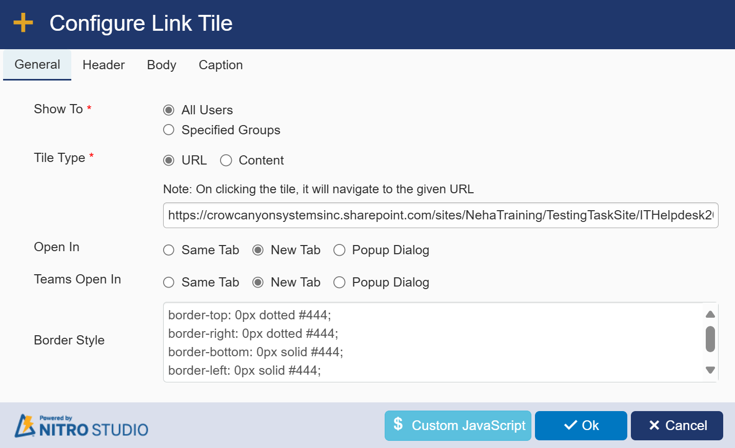 General tab in link tiles 1