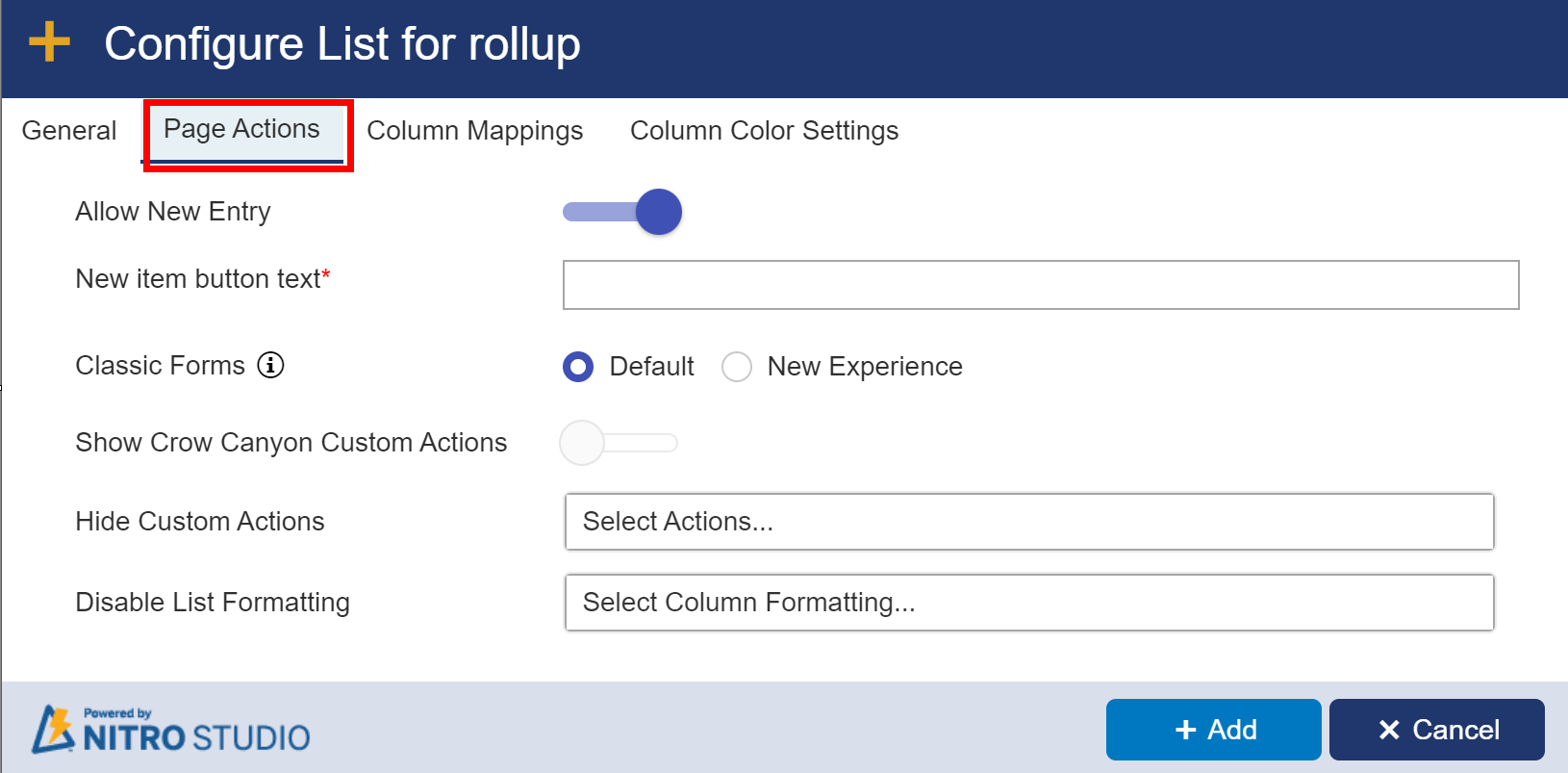 Page actions add list in list rollup