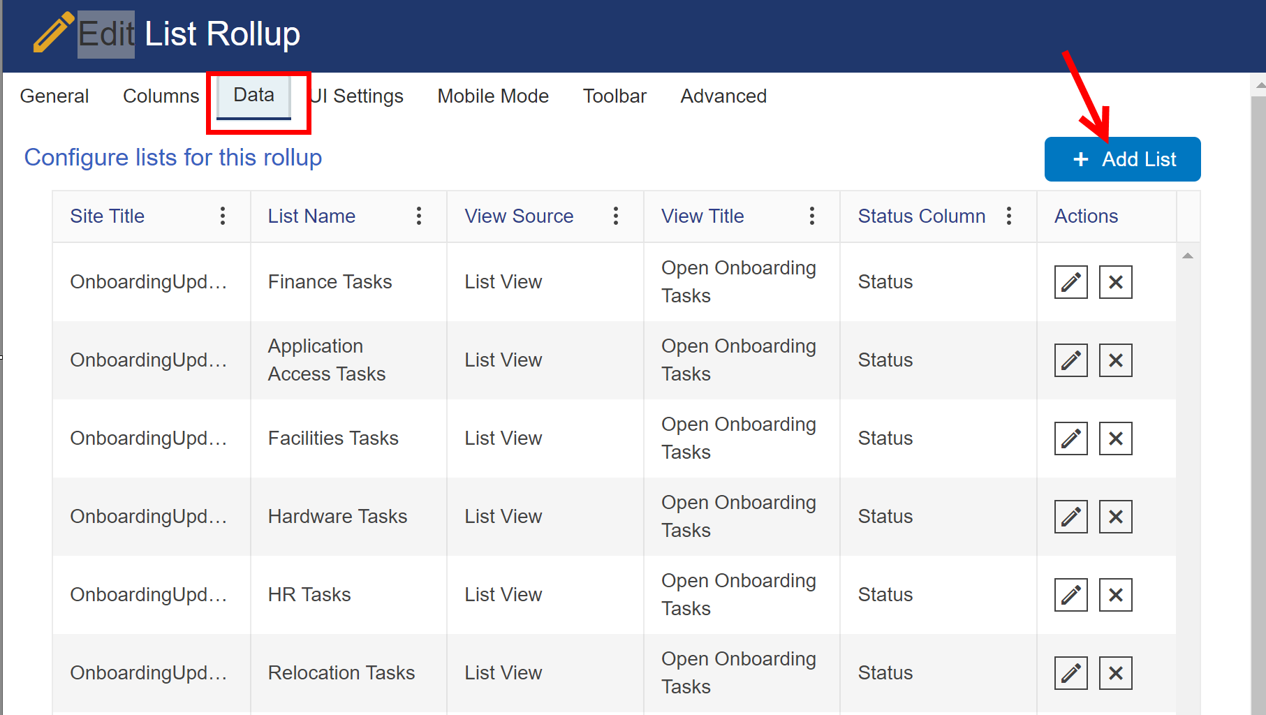 Data tab in list rollup setting