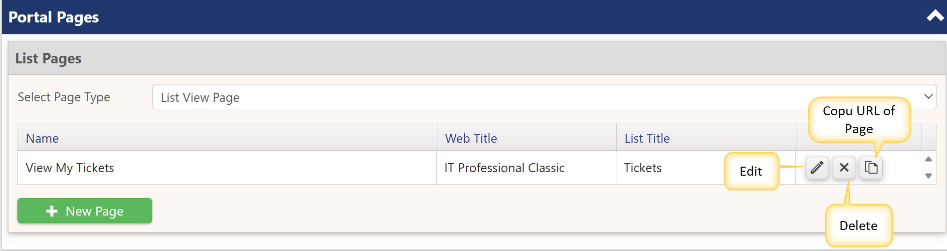 Edit delete portal pages