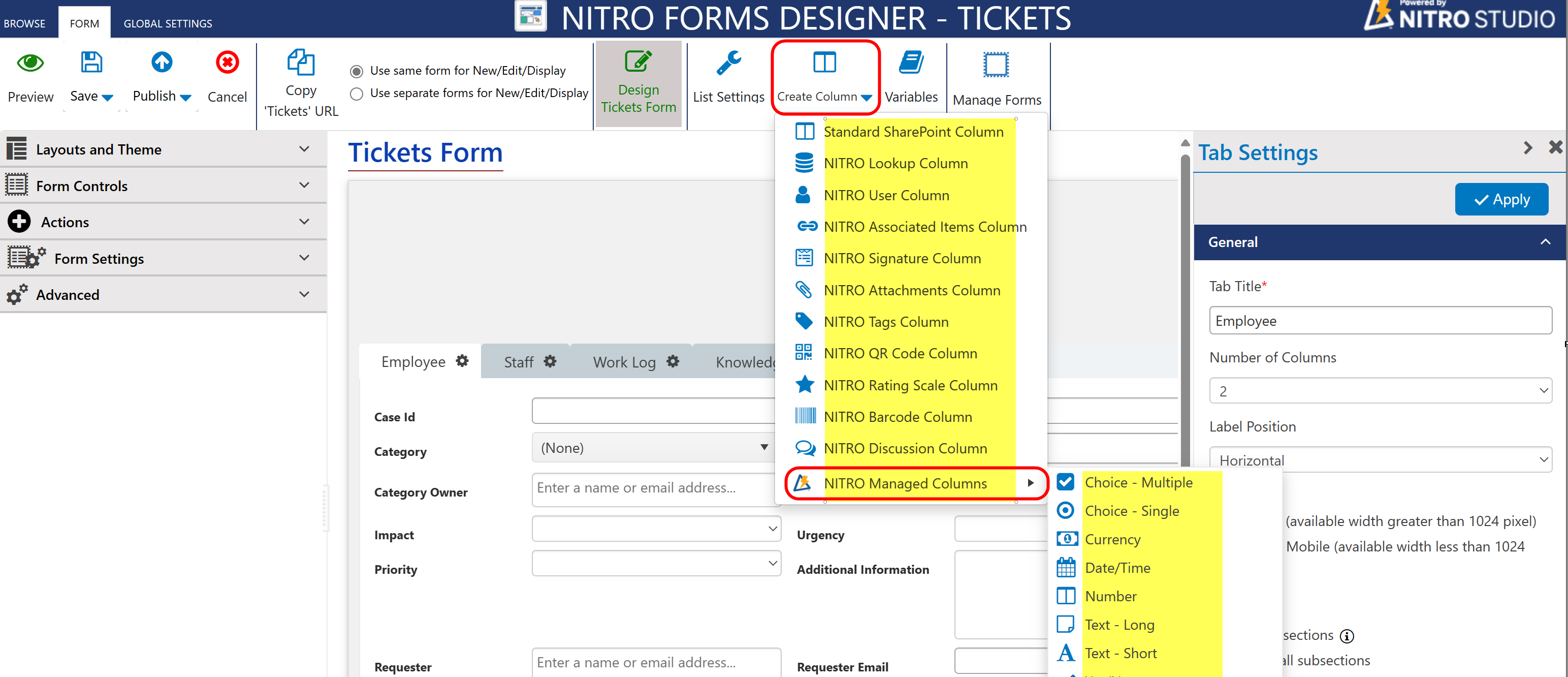 NITRO form create columns