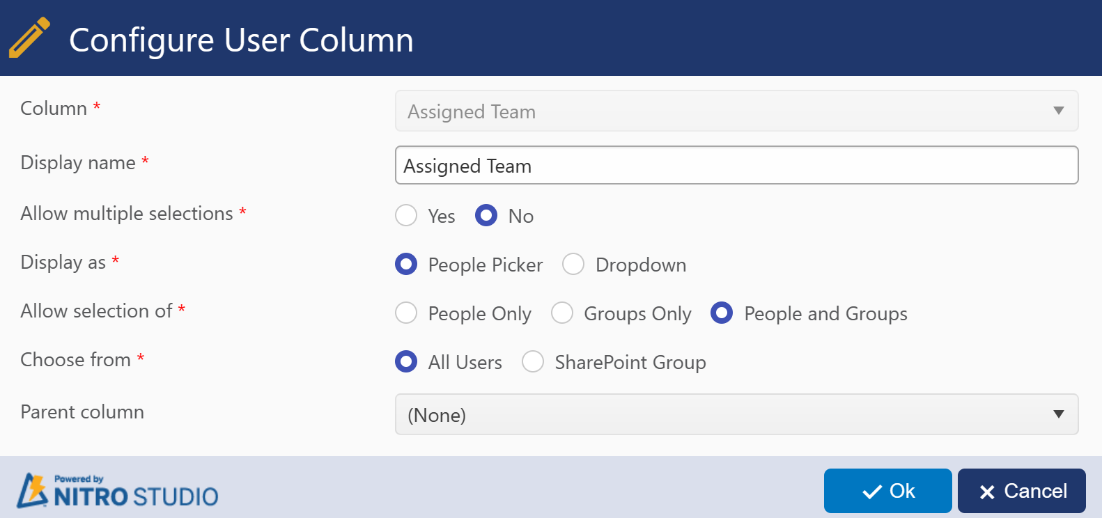 User column setting in nitro form