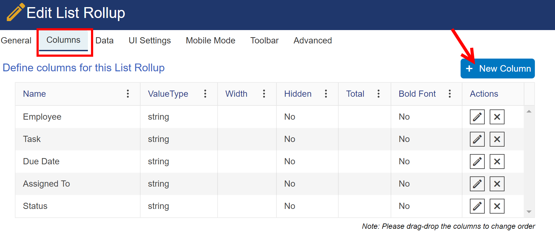 List rollup columns tab