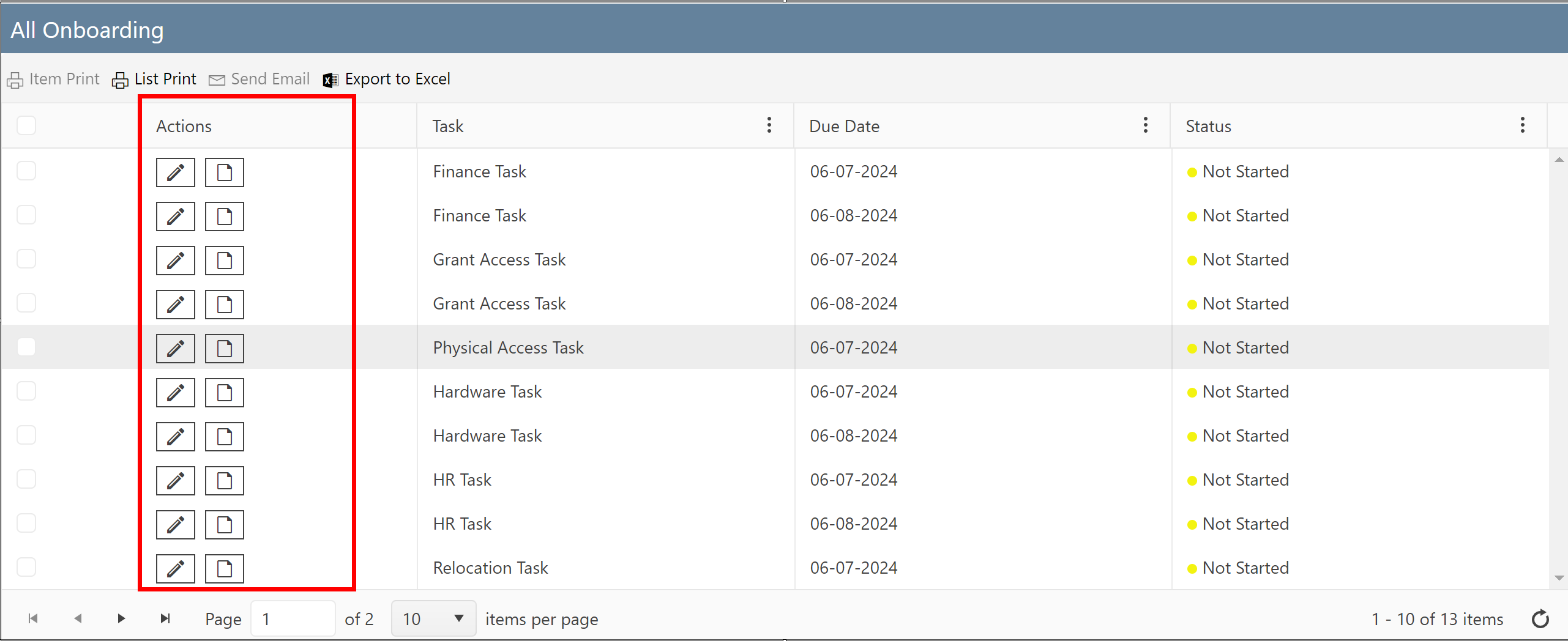 example of action in first column