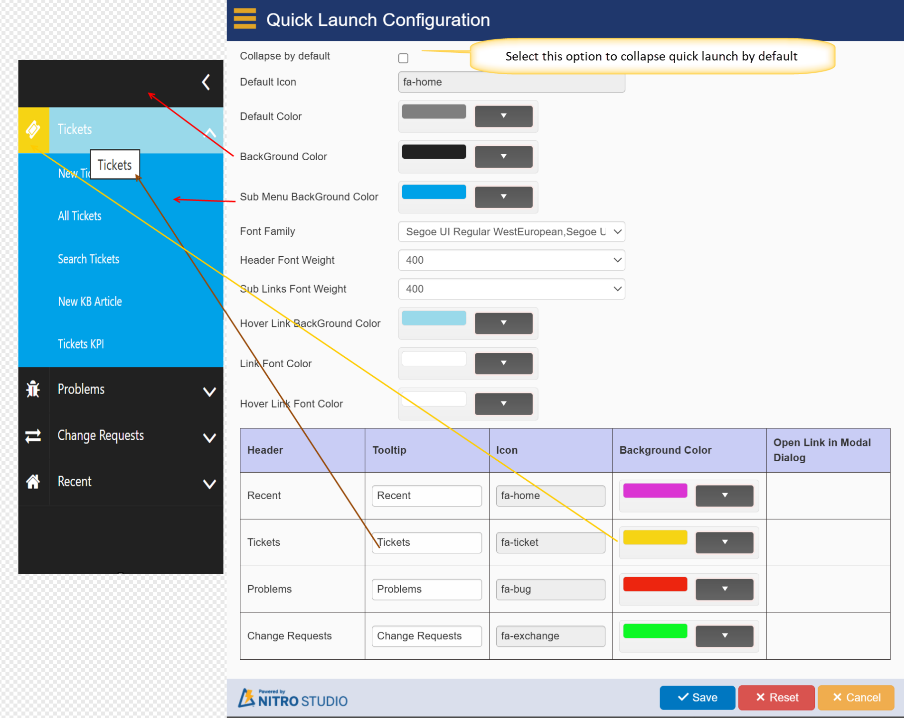 configuration and appearencce on quick launch