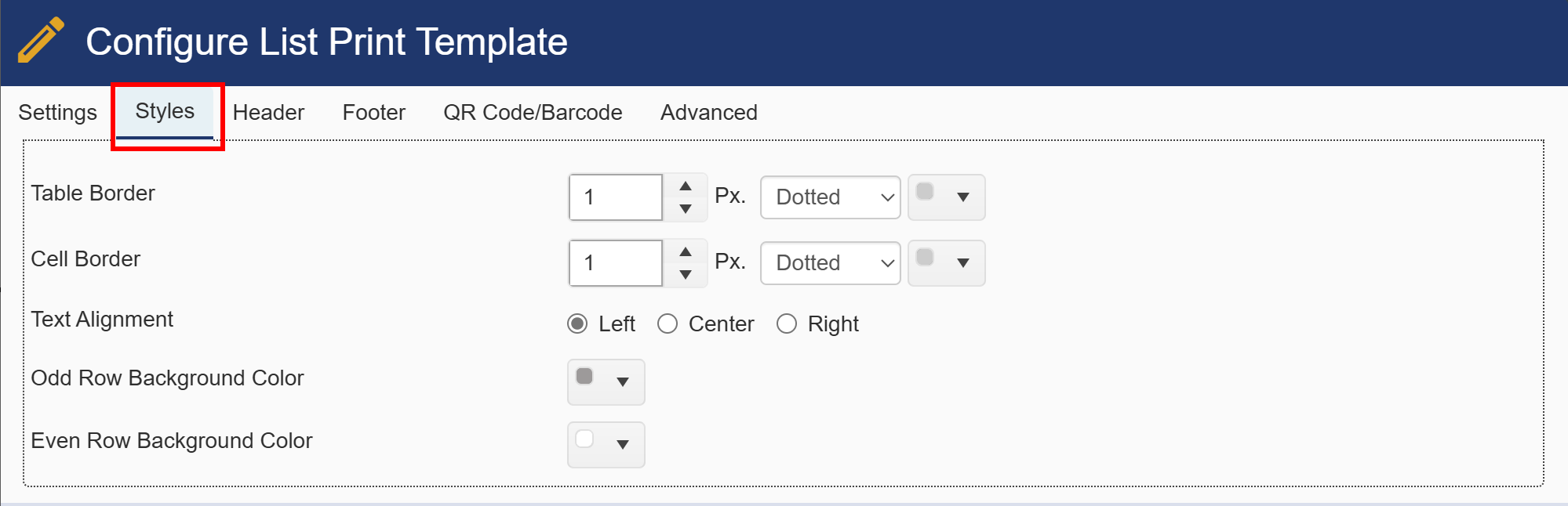 Style tab for list print