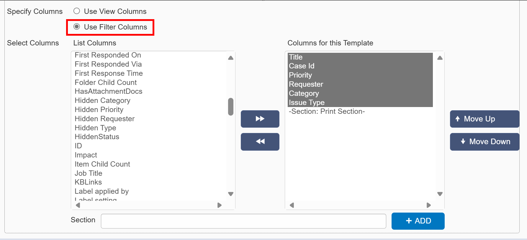 Use filter columns in item print