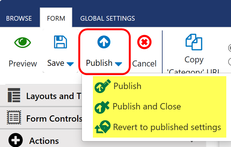 NITRO form publish button