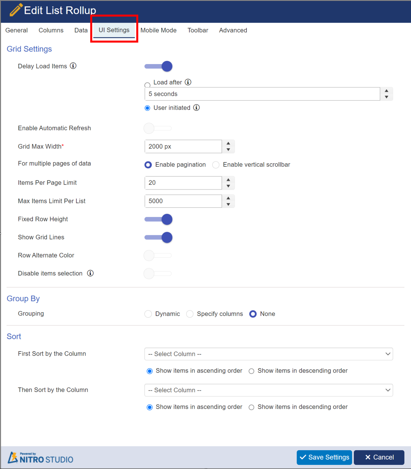 UI Settings tab in list rollup