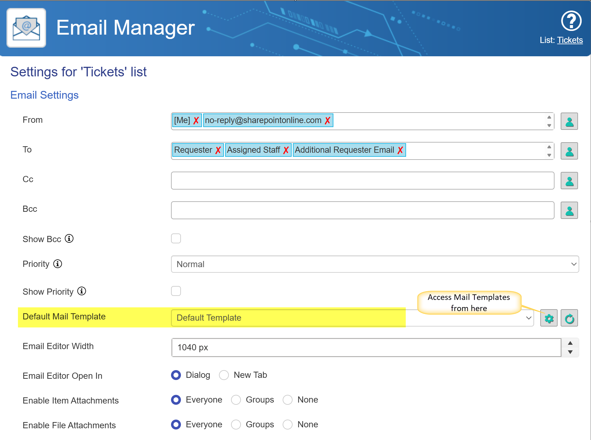 Access mail template from Email manager