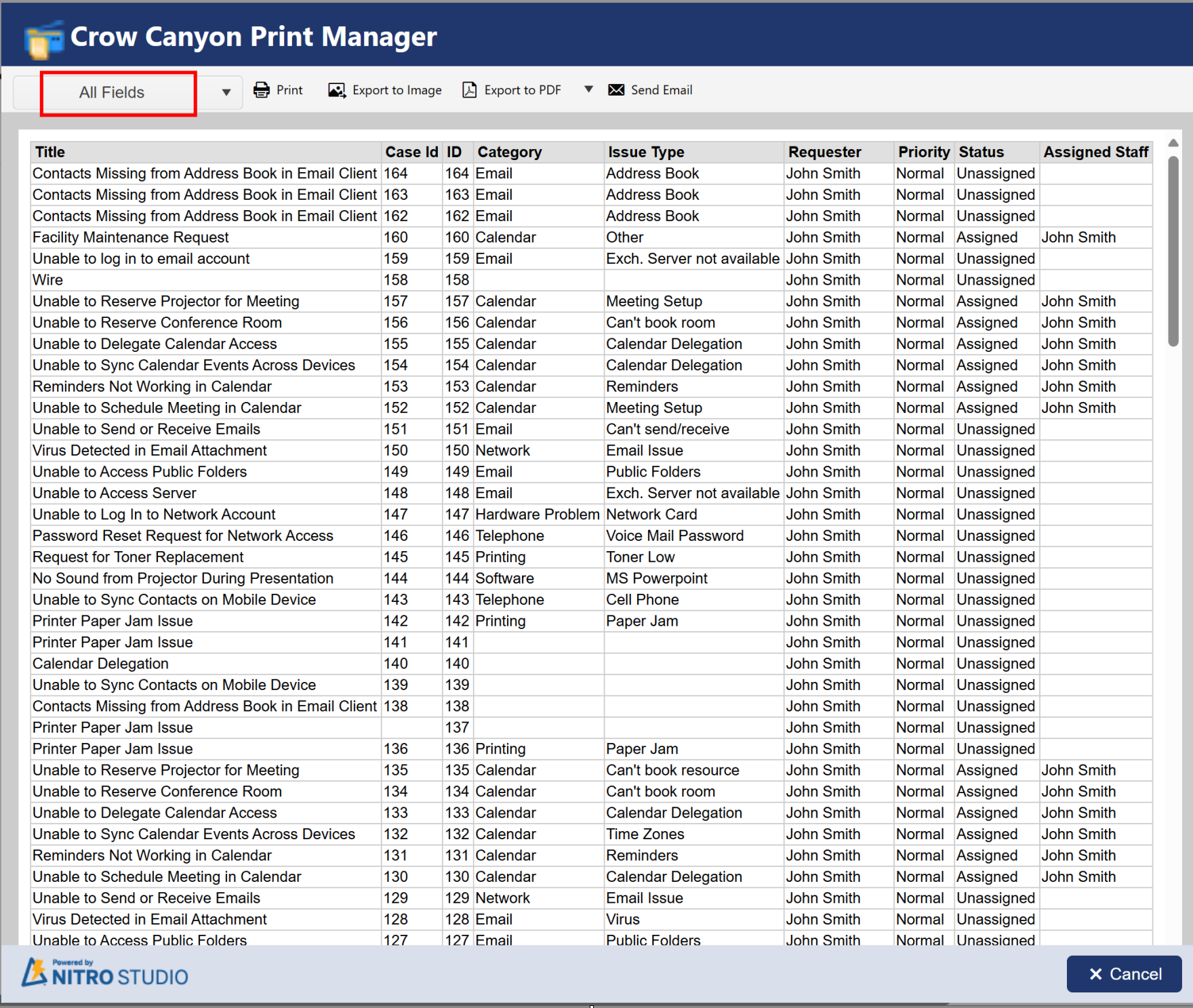 Default template list print output