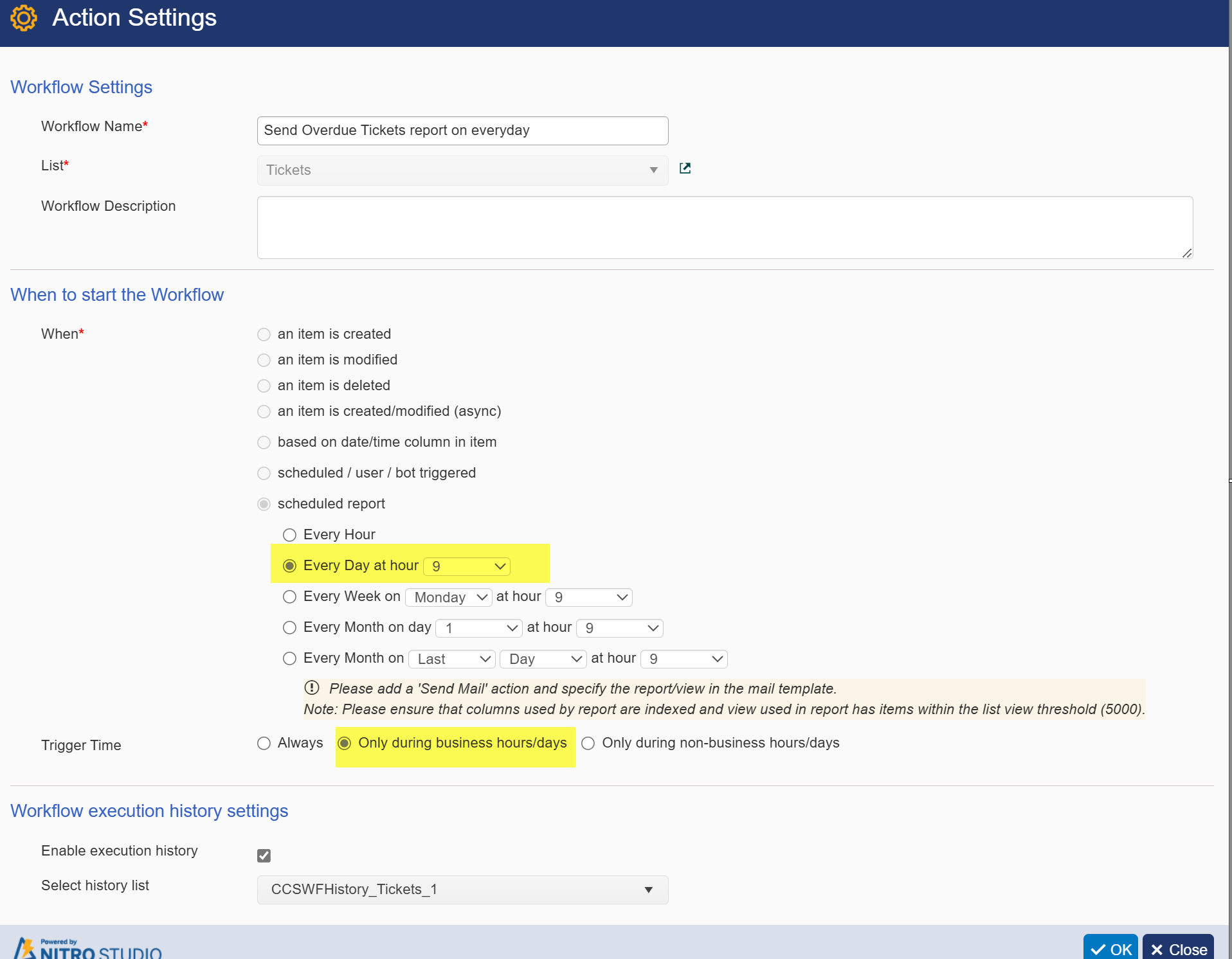 Overdue ticket workflow setting page