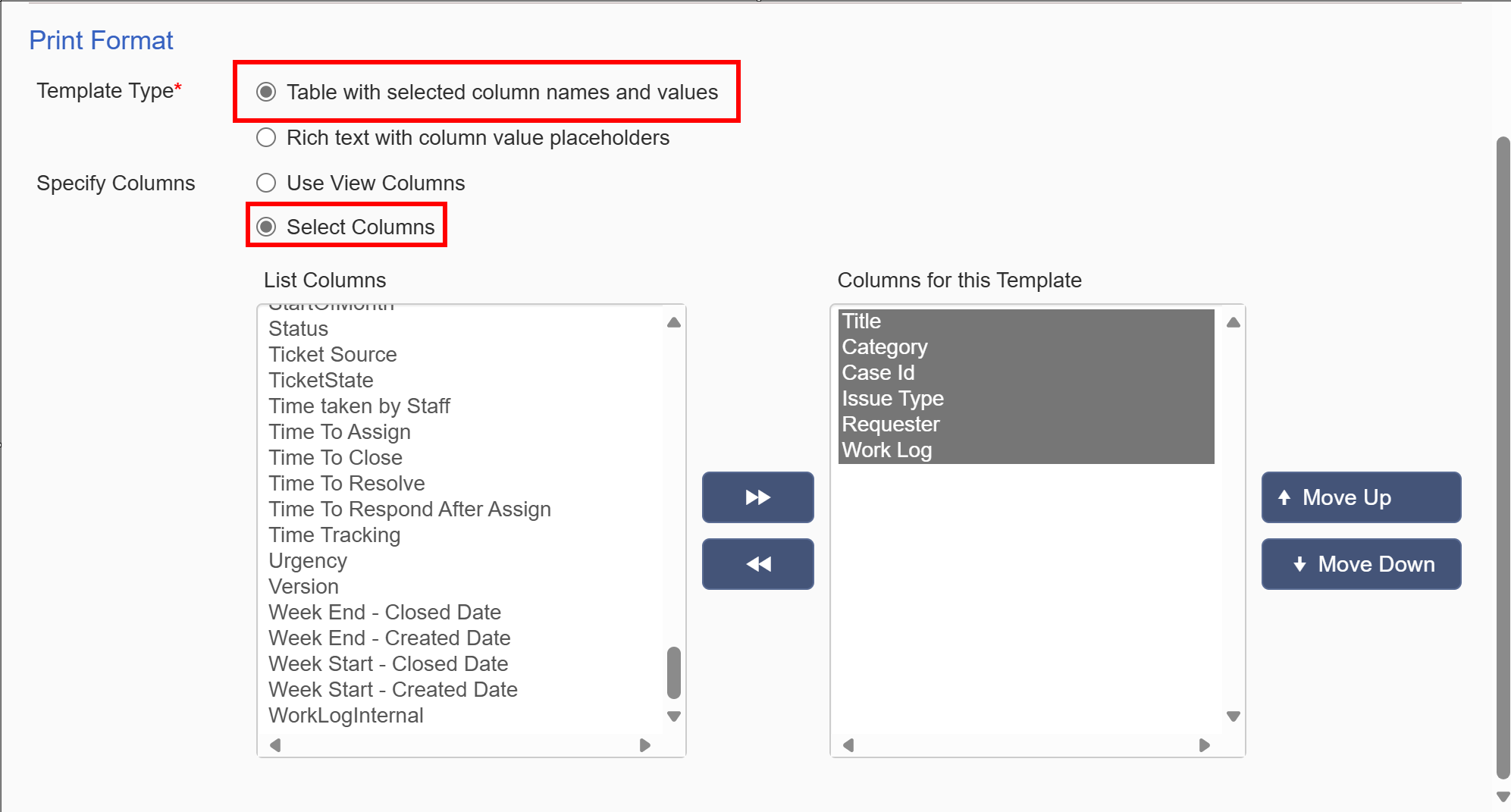 table with selected column