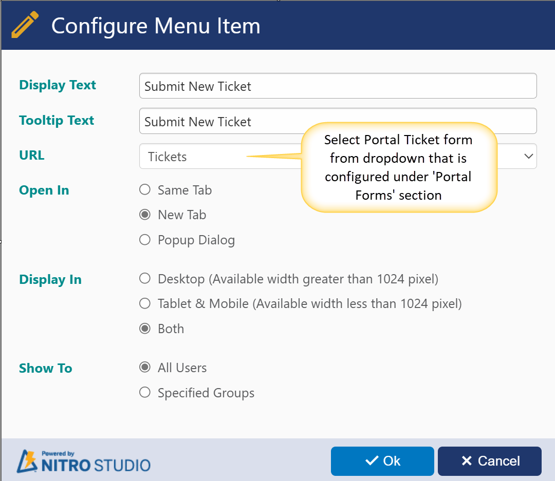 configure menu item for new form